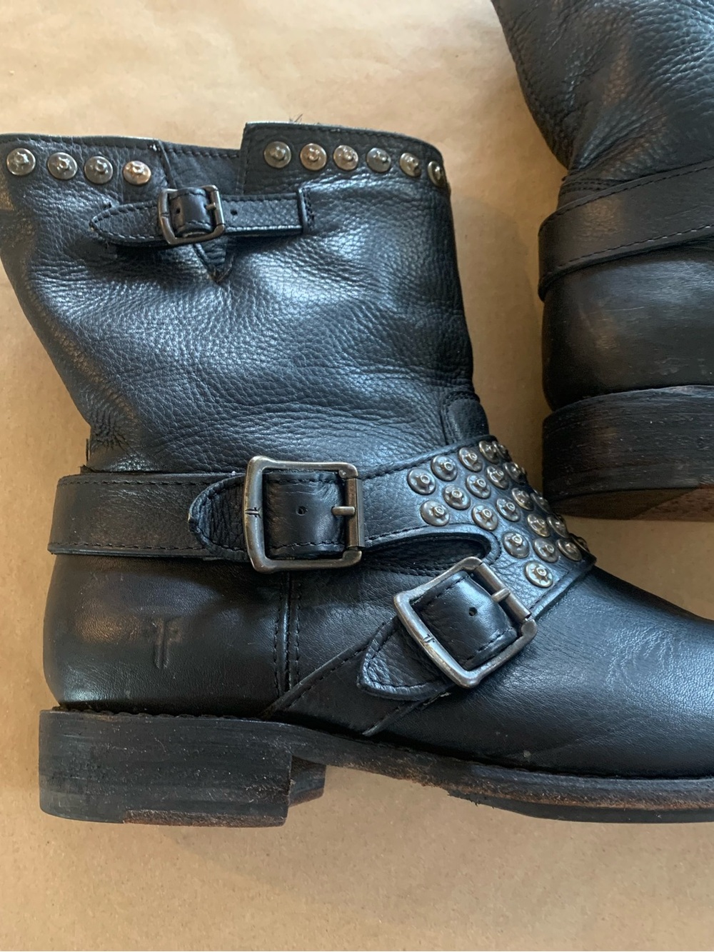 Frye Black Leather Buckle Studded Moto Boots Size 9.5 - Picture 7 of 15